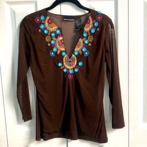 Vintage 1980's DKNY JEANS Mesh Sheer Blouse Mirror Embroidered Brown Size L